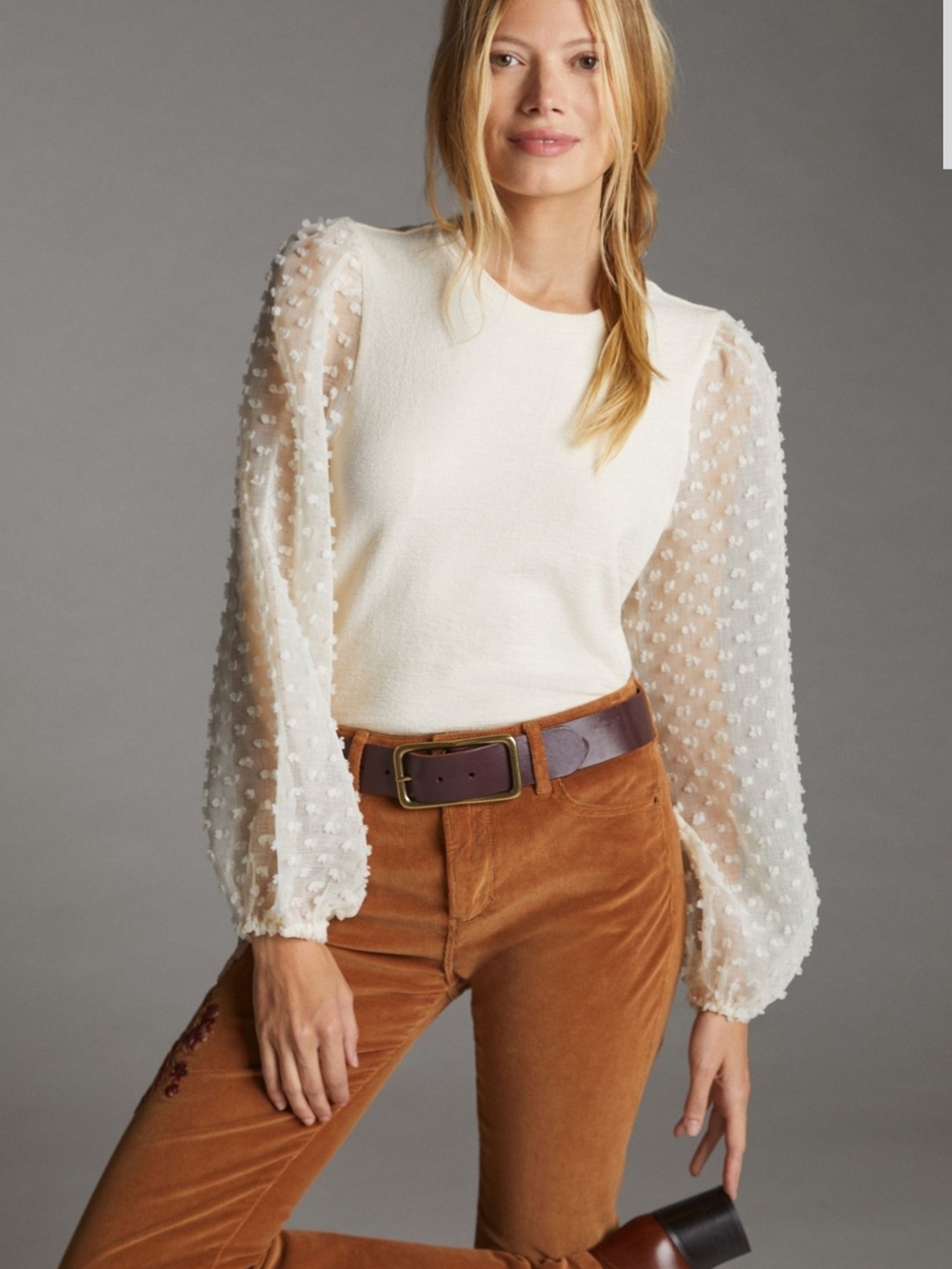 Maeve Anthropologie Cream Textured Top Sheer Balloon Sleeve M Feminine Boho